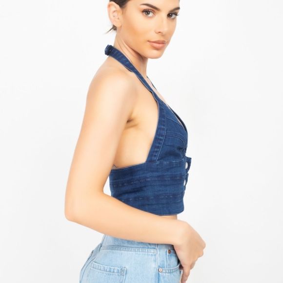 Denim halter neck seamed top - Picture 3 of 6